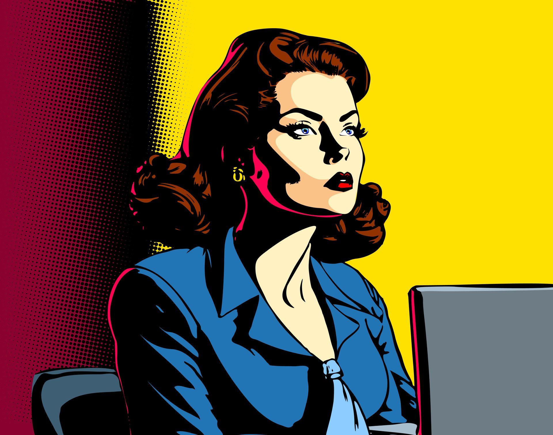 Femme sur un ordinateur dans un style bande-dessinée