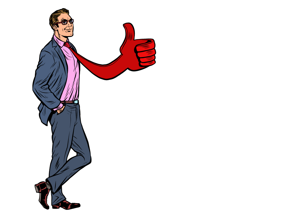 Homme en costume dont la cravate rouge fait un pouce en l'air dans un style bande-dessinée