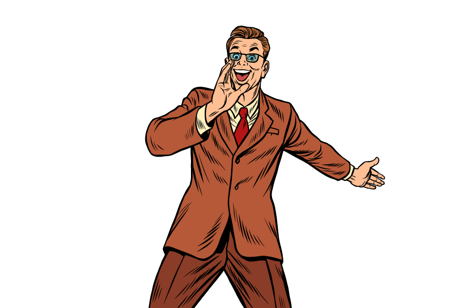 Homme avec la main sur le côté de la bouche pour faire porter sa voix dans un style bande-dessinée