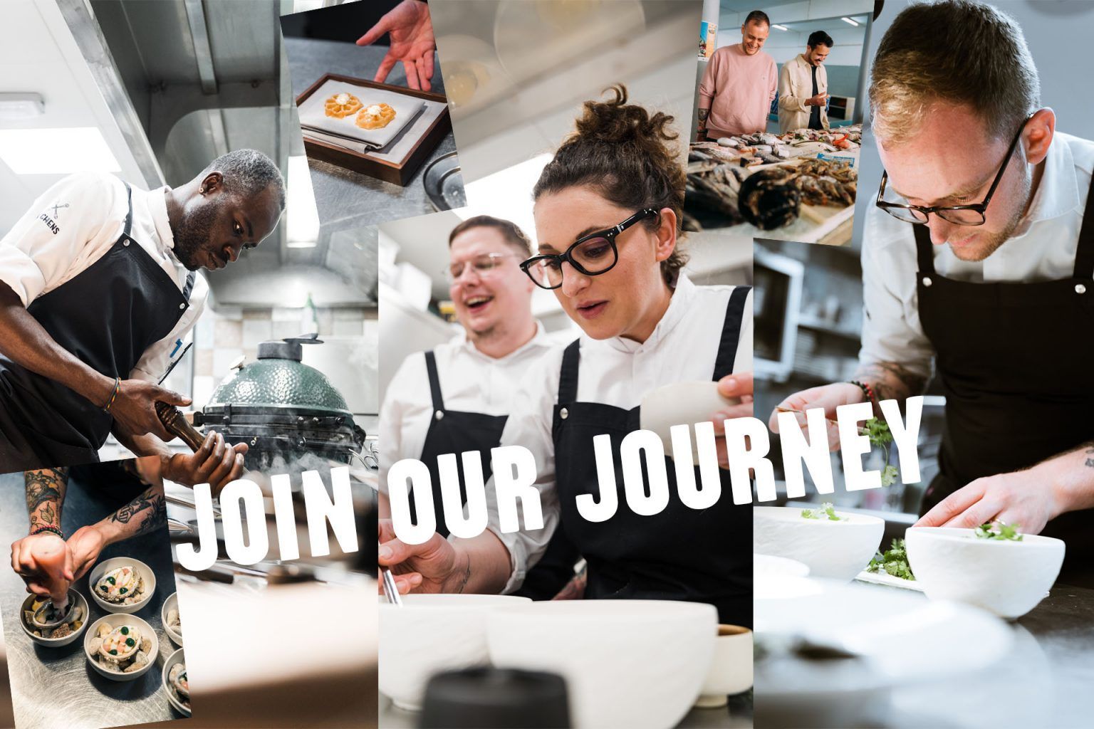Impressionen aus der Küche mit Detail Aufnahmen, KollegInnen aus dem KITCHENS und dem Schriftzug JOIN OUR TEAM
