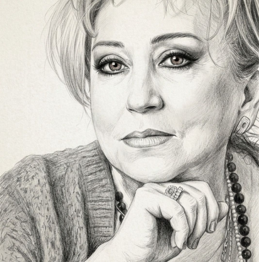 Pencil sketch portrait of a woman with soft curls, resting her chin on her hand, wearing a sweater and beaded necklace