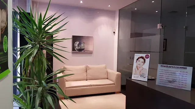 Una sala de espera con un sofá y una planta.