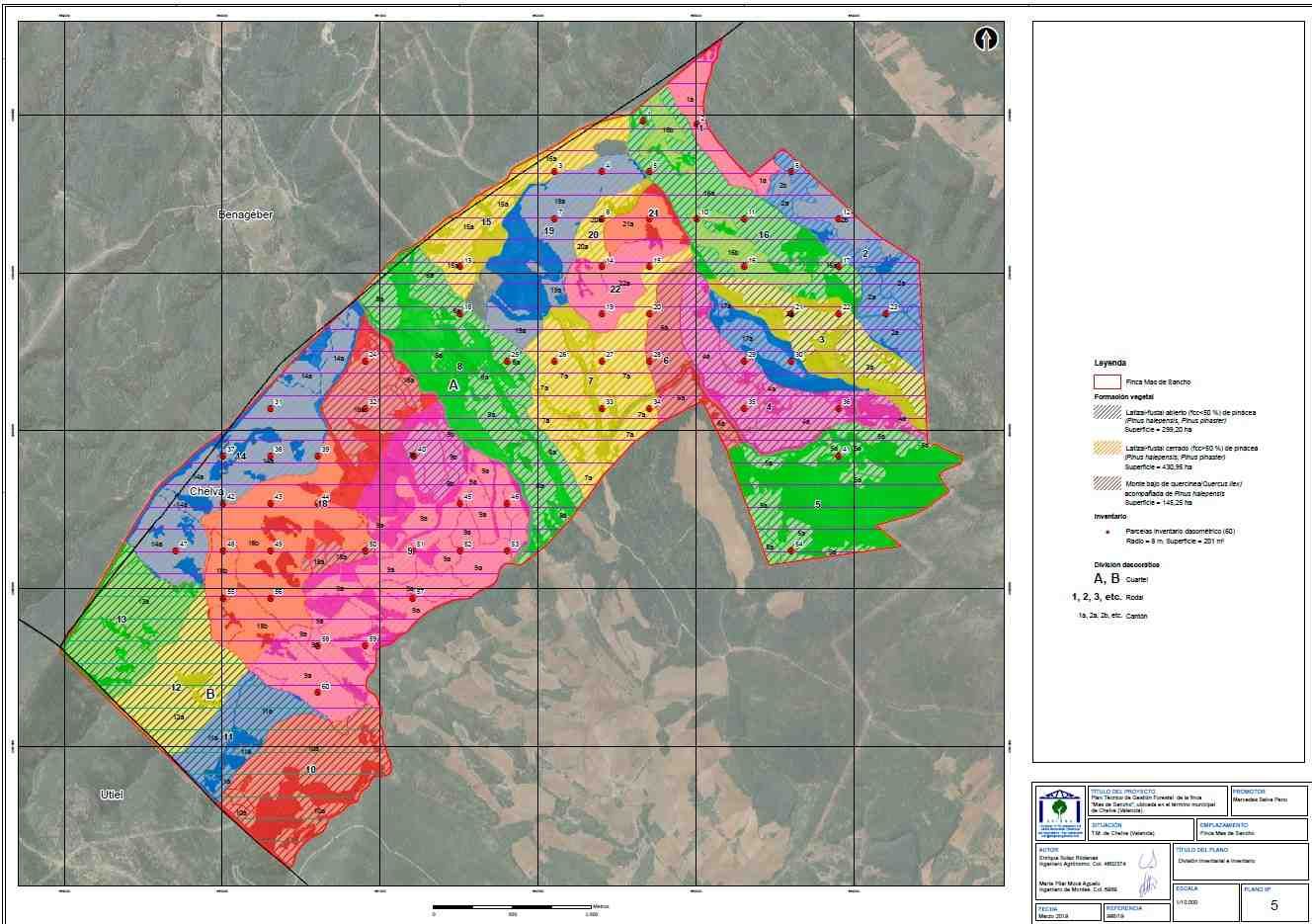 Mapa de parcelas codificado por colores superpuesto al terreno aéreo, con leyenda a la derecha.