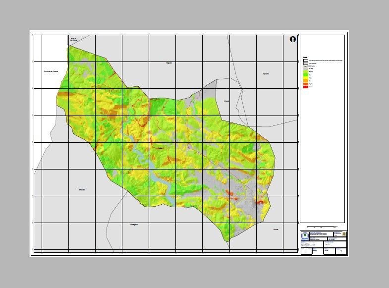 Mapa de una región codificado por colores, con líneas de cuadrícula y una leyenda, que muestra la variedad de terrenos o coberturas del suelo.