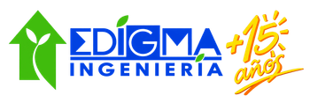 EDIGMA Ingenier&iacute;a logo in blue and green with orange &ldquo;15 a&ntilde;os&rdquo; anniversary mark