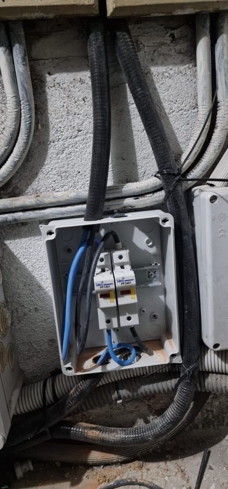 Caja de conexiones eléctricas con disyuntores y cableado. La caja está montada en una pared de hormigón con conductos.