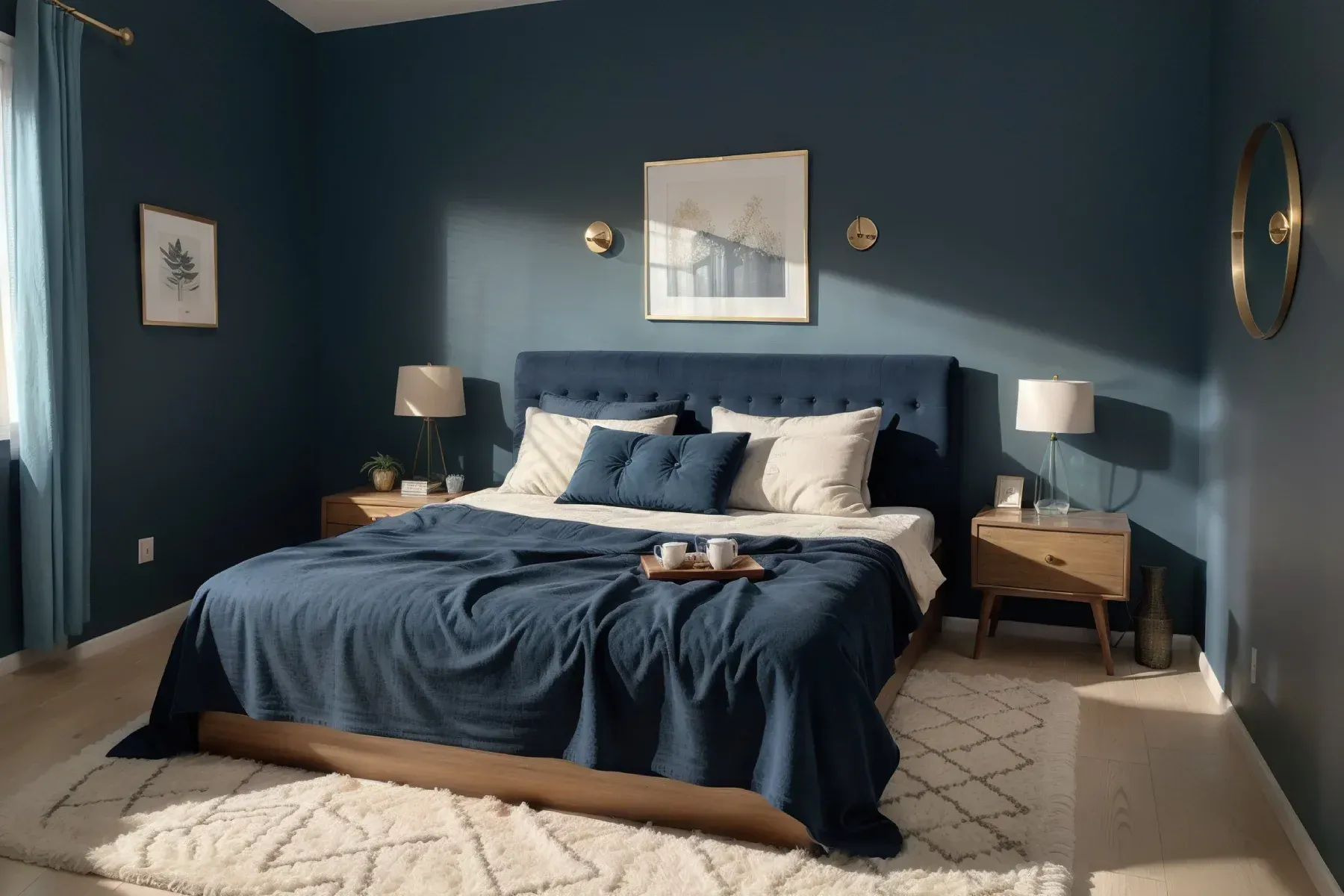 Un dormitorio con paredes azules y una cama azul.