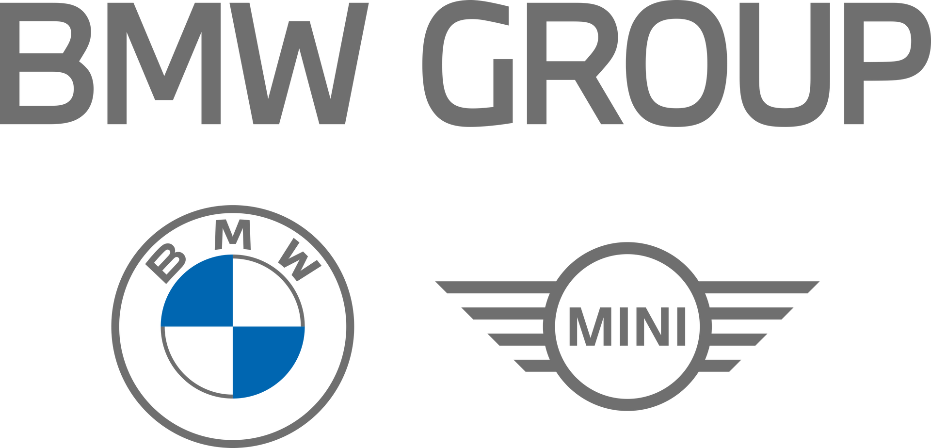 BMW Group Logo mit BMW und MINI Logos in Blau, Schwarz und Grau