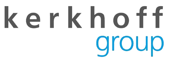 Kerkhoff-Gruppenlogo in grauer und blauer Schrift auf weißem Hintergrund