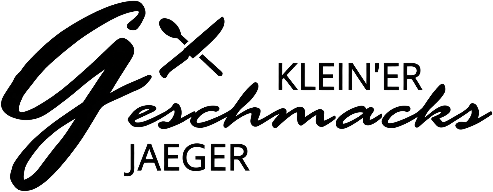 Kleiner Geschmacksj&auml;ger Logo in schwarzer, kursiver und fetter Schrift mit einem kleinen Pfeilmotiv auf wei&szlig;em Hintergrund