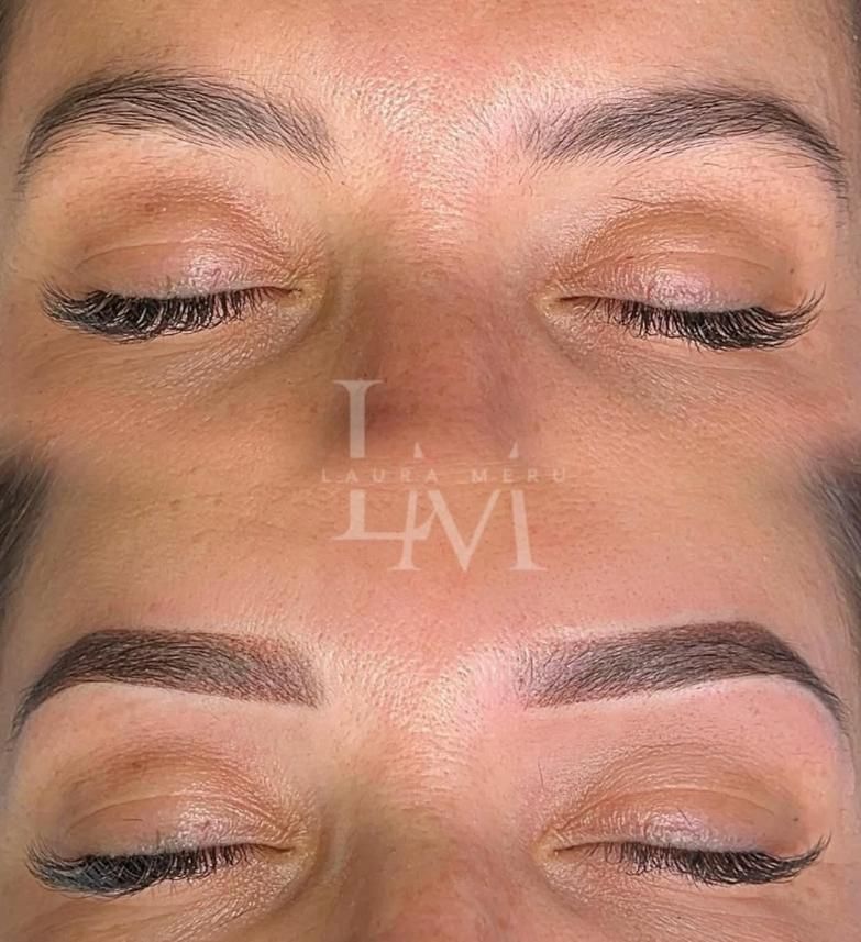 Comparación de cejas antes y después del microblading. Cejas más oscuras y pobladas en la foto del después.