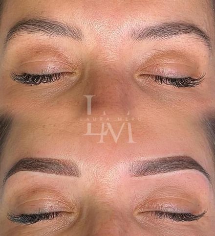 Comparación de cejas antes y después del microblading. Cejas más oscuras y pobladas en la foto del después.