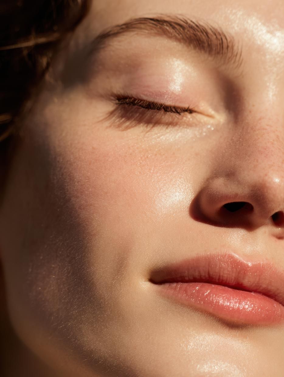 Primer plano del rostro de una persona con los ojos cerrados, la piel brillante y una leve sonrisa.