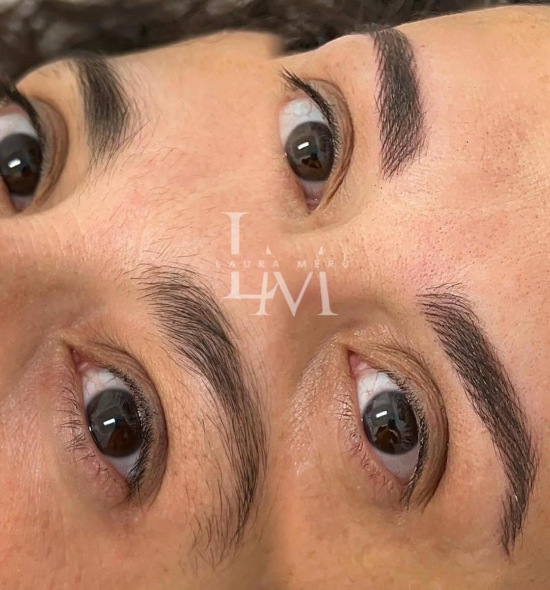 Primer plano de cejas y ojos oscuros y bien arreglados, con el logotipo 