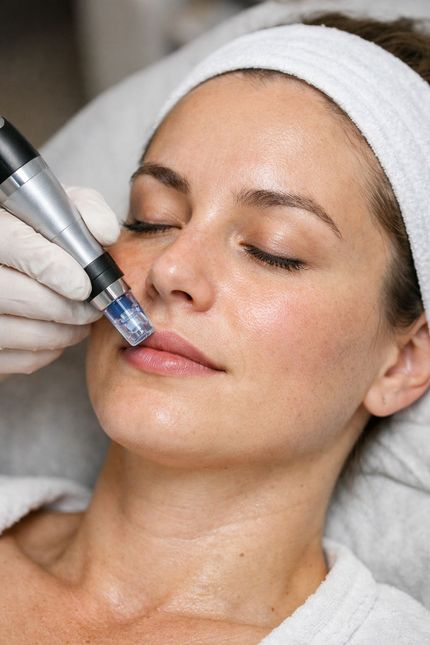 En un entorno clínico, un profesional con guantes blancos utiliza un dispositivo de microagujas