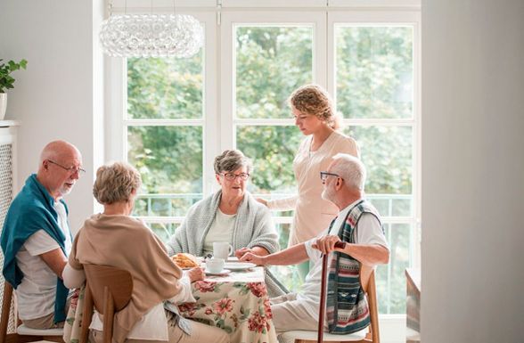 Un grupo de personas mayores están sentadas en una mesa hablando entre sí.