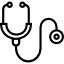 Un icono en blanco y negro de un estetoscopio sobre un fondo blanco.