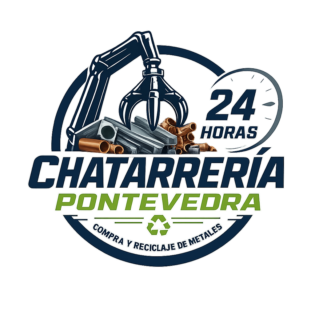 Logo de Chatarrer&iacute;a Pontevedra, con gr&uacute;a, &ldquo;24 horas&rdquo; y compra y reciclaje de metales.
