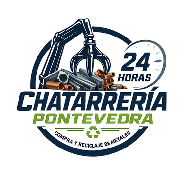 Logo de Chatarrer&iacute;a Pontevedra, con gr&uacute;a, &ldquo;24 horas&rdquo; y compra y reciclaje de metales.