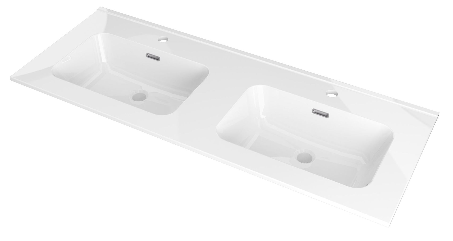 Un lavabo de baño blanco con dos lavabos sobre un fondo blanco.