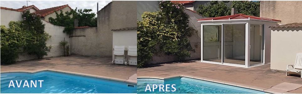 Avant/après d'un jardin avec piscine. L'« après » montre une structure vitrée construite à côté de la piscine.
