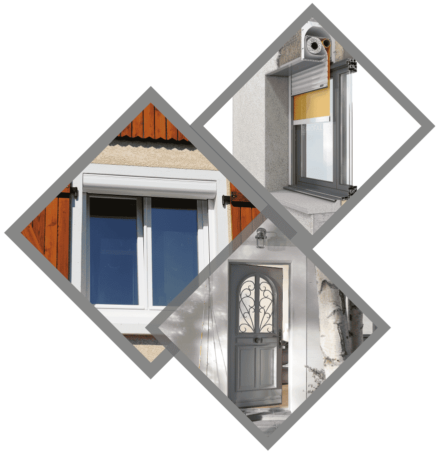 Collage de volets roulants et d'une porte d'entrée avec une fenêtre décorative, présentant différentes installations.