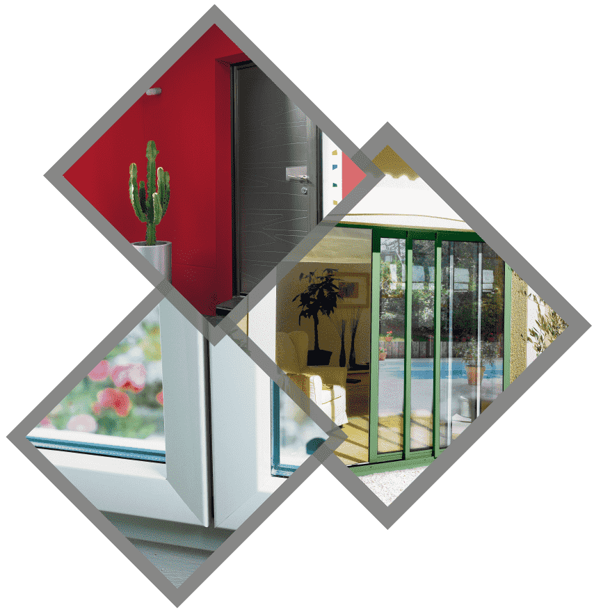 Collage de fenêtres : mur rouge avec cactus, portes coulissantes en verre et cadre de fenêtre blanc.