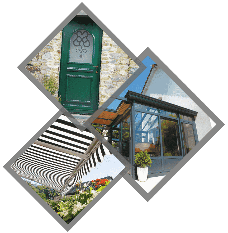 Collage d'éléments extérieurs de la maison : porte verte, véranda, auvent rayé.