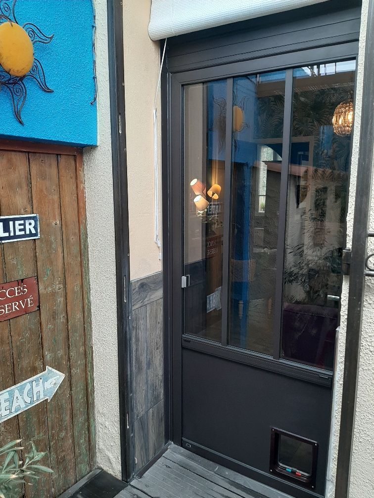 Porte gris foncé avec panneaux vitrés et chatière. Mur en bois à gauche, œuvre d'art bleue au-dessus de la porte.