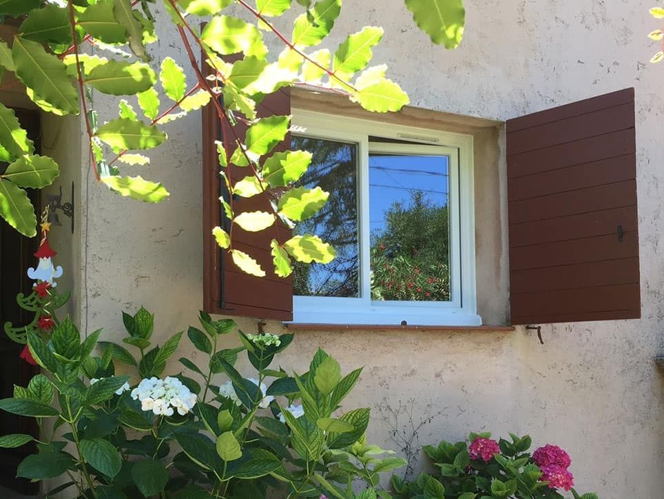 Fenêtre aux volets bruns ouverts reflétant des arbres, entourée de feuillage vert et de fleurs roses.