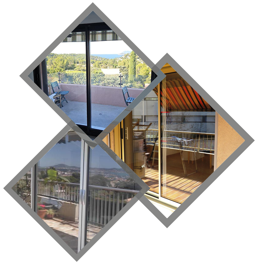 Un collage de trois vues en angle montrant des balcons avec des portes coulissantes en verre, des terrasses en bois et des vues panoramiques sur les collines
