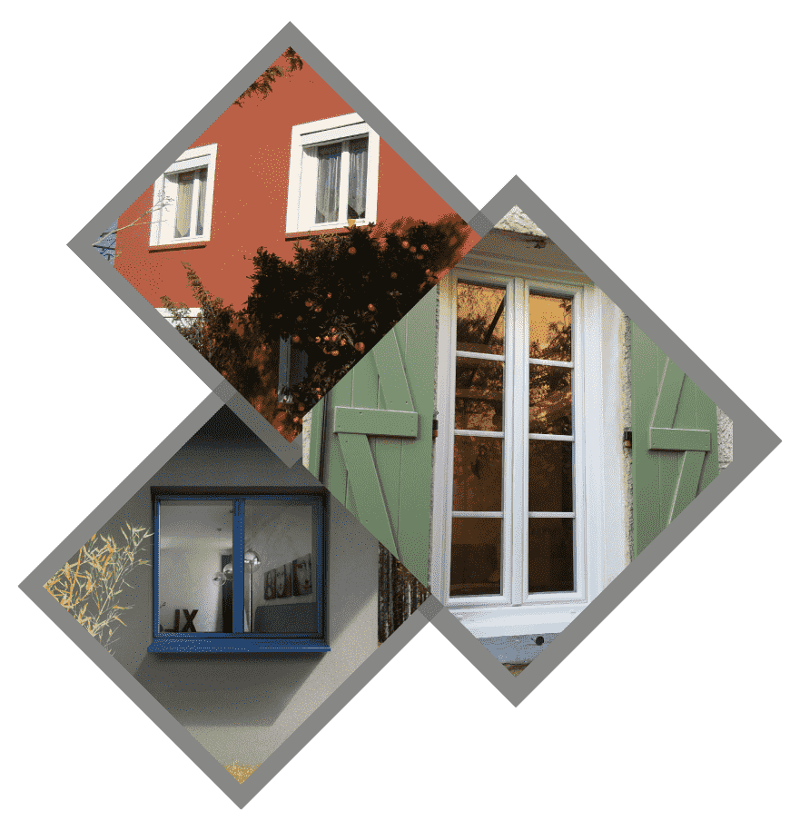 Trois formes de losanges superposées représentant différentes fenêtres : un bâtiment rouge, des volets verts et un cadre bleu.