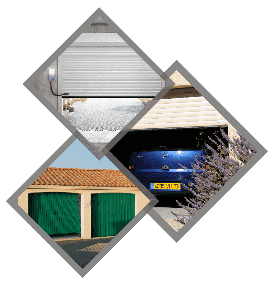 Collage de trois images de garage : volet roulant, voiture à l'intérieur du garage et portes de garage vertes.