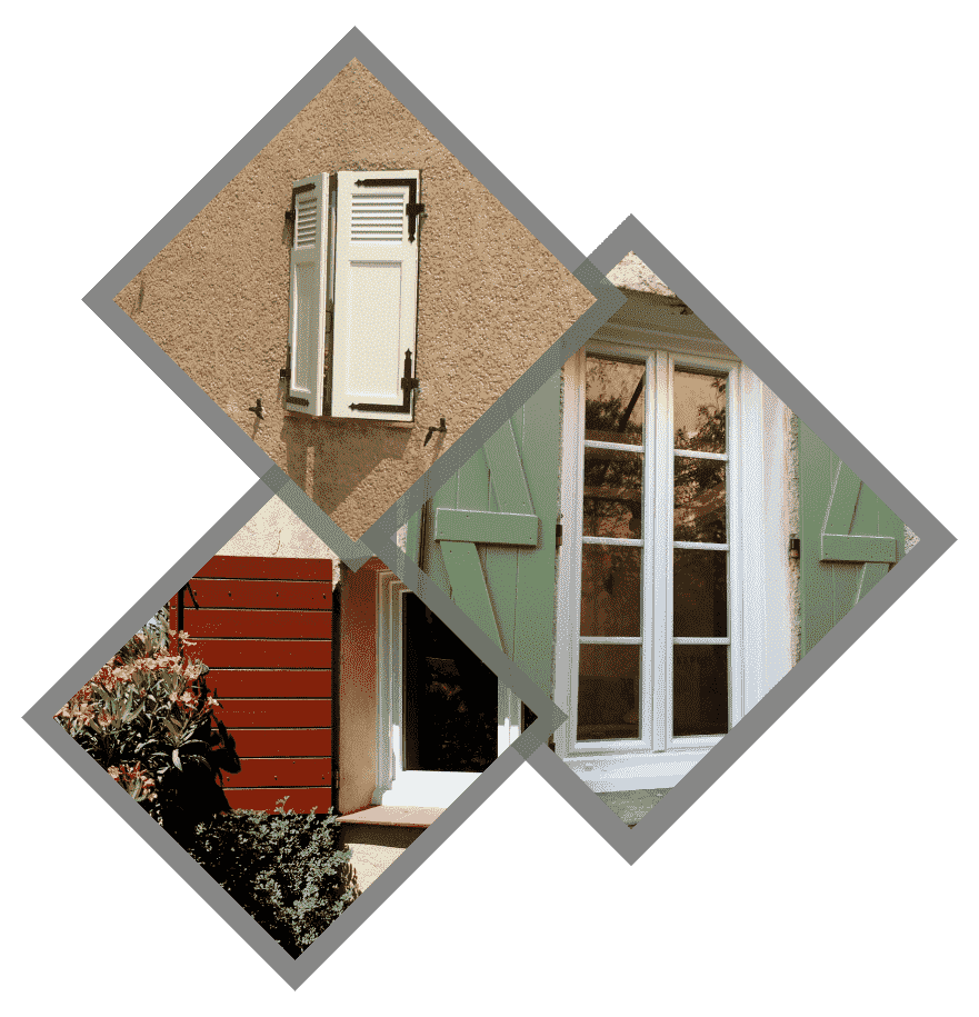 Trois fenêtres avec des styles de volets différents disposés en chevauchement.