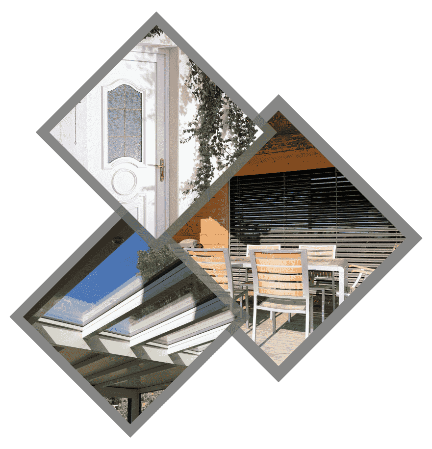 Trois vues architecturales en forme de losange qui se chevauchent : une porte, un coin salon extérieur et une pergola avec un ciel bleu.