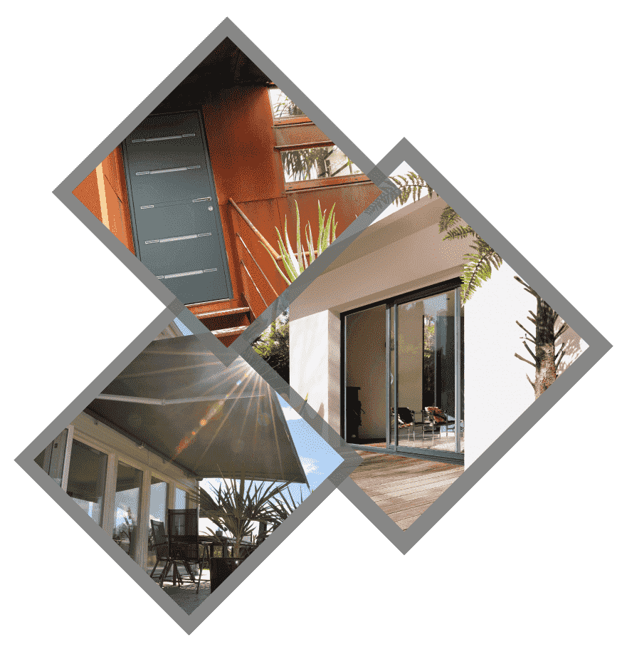 Trois images superposées en forme de losange : porte, porte coulissante en verre et patio ombragé.