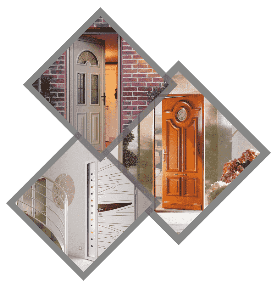 Trois images en forme de losange présentant différents styles de portes : une porte en bois clair, une porte en bois avec une fenêtre circulaire et une porte blanche moderne.