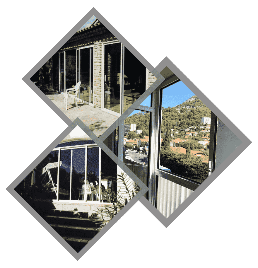 Collage de fenêtres : vue extérieure d'un bâtiment à vitres multiples, avec vue sur une ville et une colline.