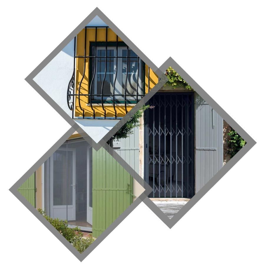 Trois barrières/barreaux de sécurité dans des configurations différentes : une fenêtre, une porte et une porte, le tout dans une bordure en losange gris.