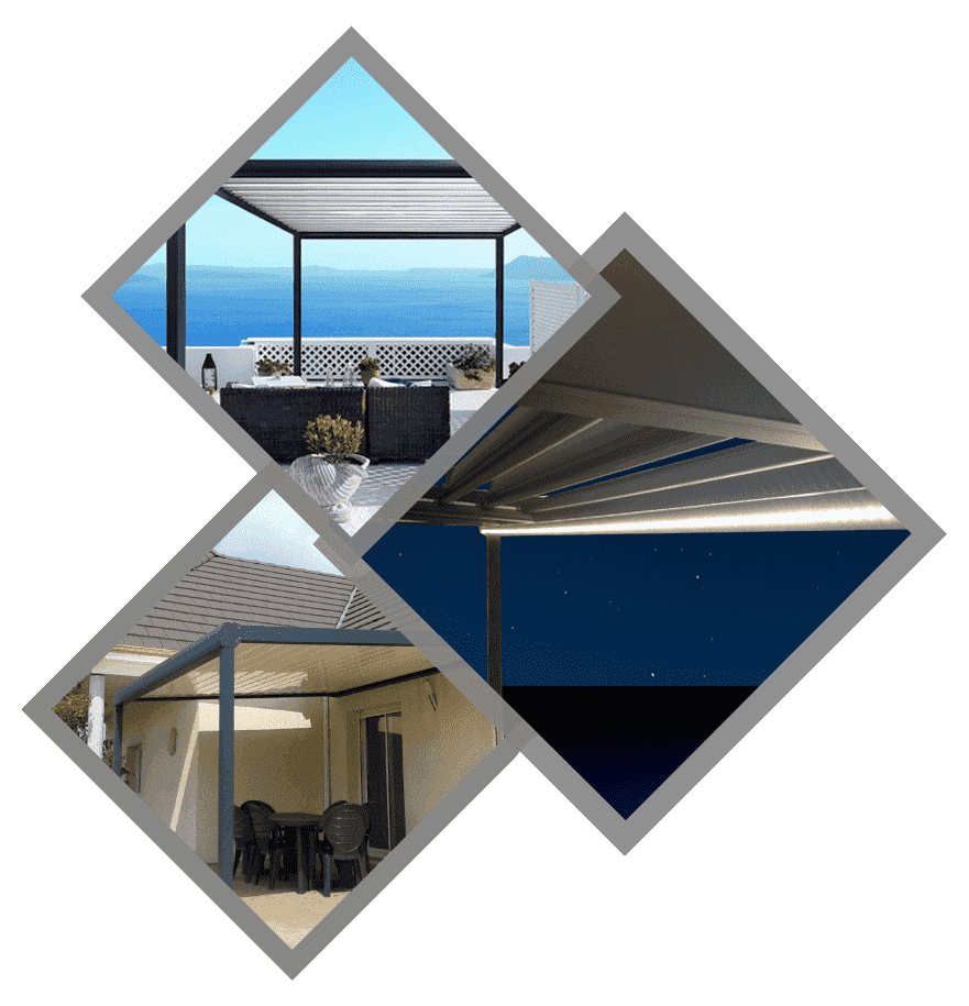 Collage de pergolas extérieures à différents moments : jour et nuit.