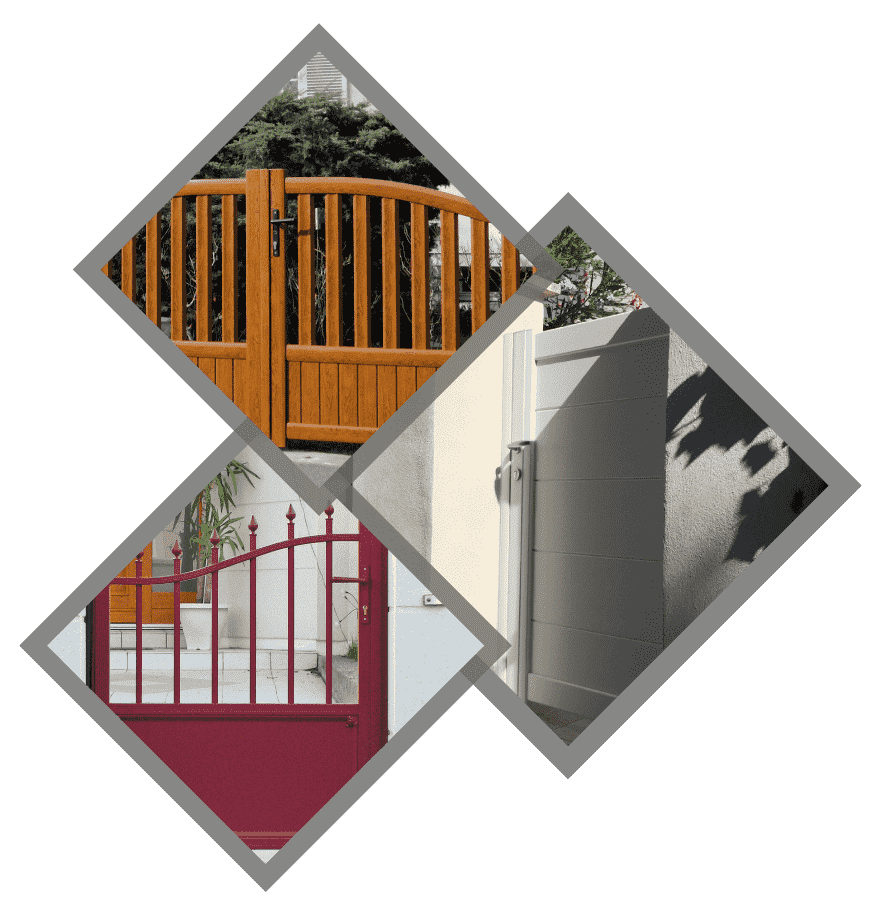 Collage de trois portes différentes : en bois, en métal et en béton.