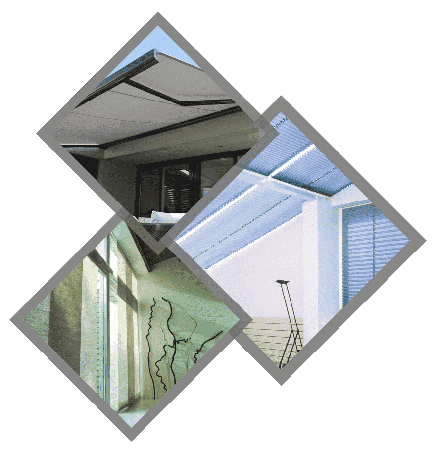 Trois formes de diamant superposées montrant des éléments de design intérieur avec des ombres, des plafonds et des fenêtres.