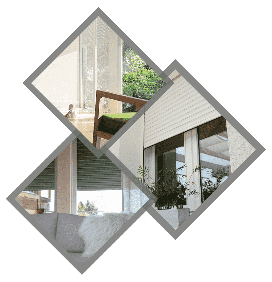 Volets roulants sur fenêtres, représentés en trois vues superposées en forme de losange, dans un cadre domestique.