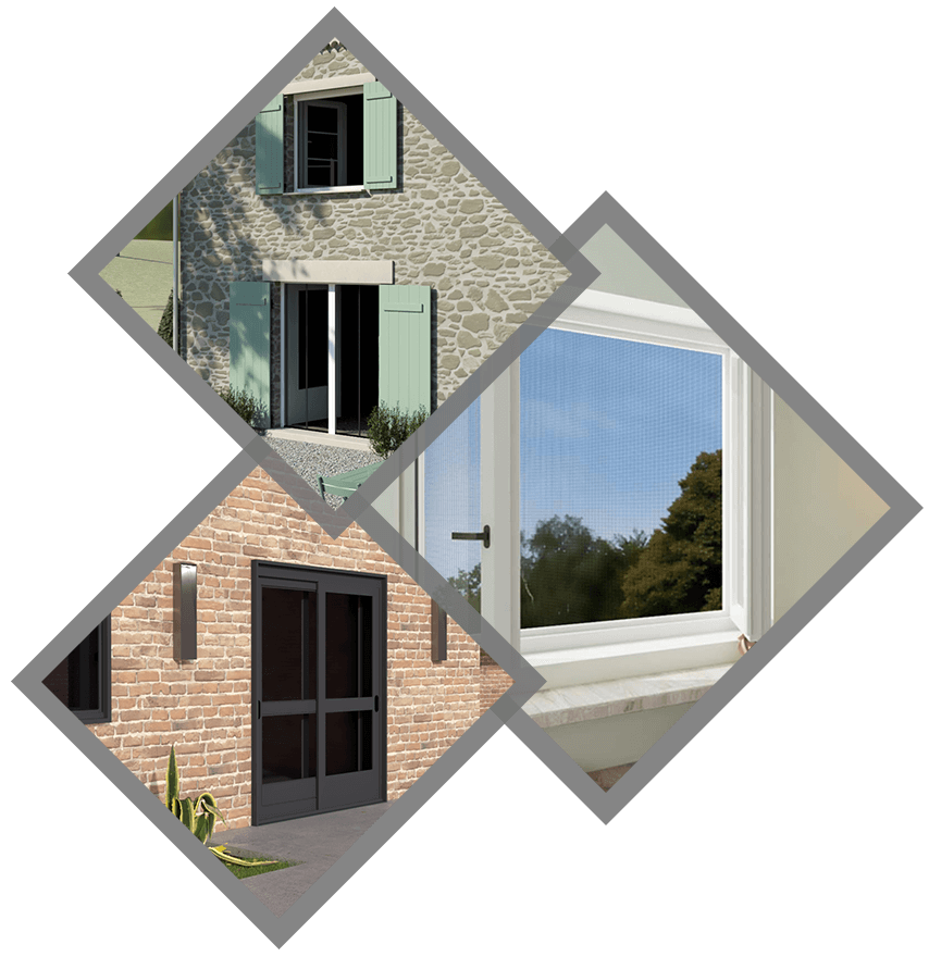 Trois images de bâtiments : maison en pierre avec volets verts, fenêtre avec moustiquaire, bâtiment en brique avec porte.