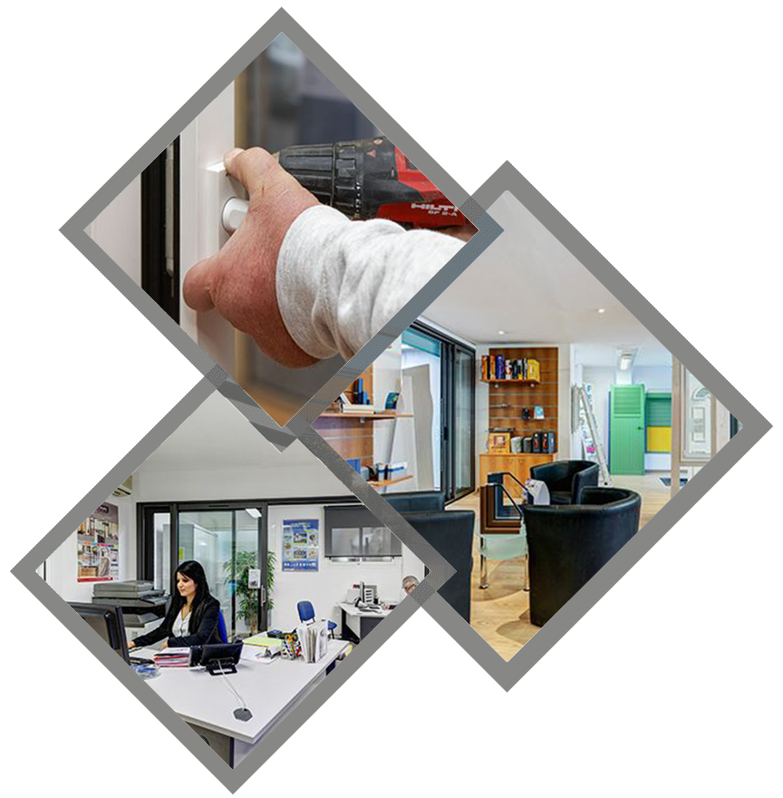 Un collage montrant une personne utilisant une perceuse sur un cadre, un intérieur de bureau moderne et une personne travaillant à un bureau.