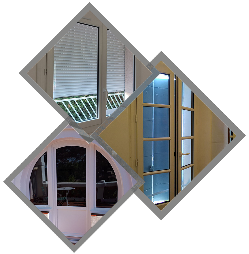 Un collage de trois fenêtres et portes carrées avec leurs cadres, illustrant différents styles architecturaux et différents niveaux de lumière.