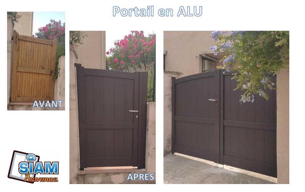 Avant/après le remplacement d'un portail. Ancien portail en bois remplacé par un double portail en aluminium marron.