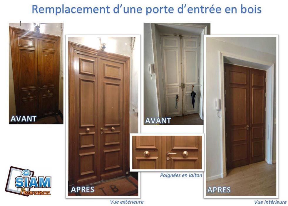Comparaison d'une porte d'entrée en bois avant et après remplacement, avec gros plans des poignées de porte.