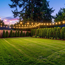 Jardin luxuriant d'un vert éclatant, illuminé par des guirlandes lumineuses.