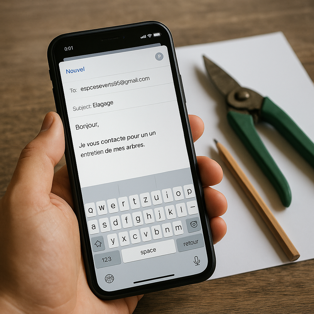 Une main tenant un smartphone avec un clavier à l'écran, des ciseaux et un crayon posés sur une table en bois.